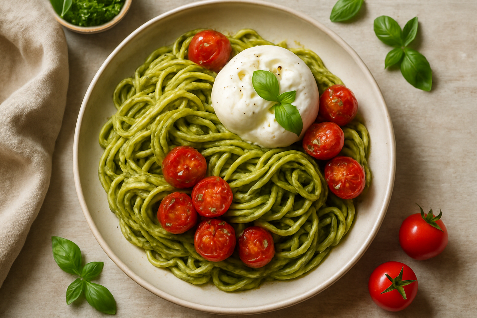 Pesto Pasta With Cherry Tomatoes And Burrata
