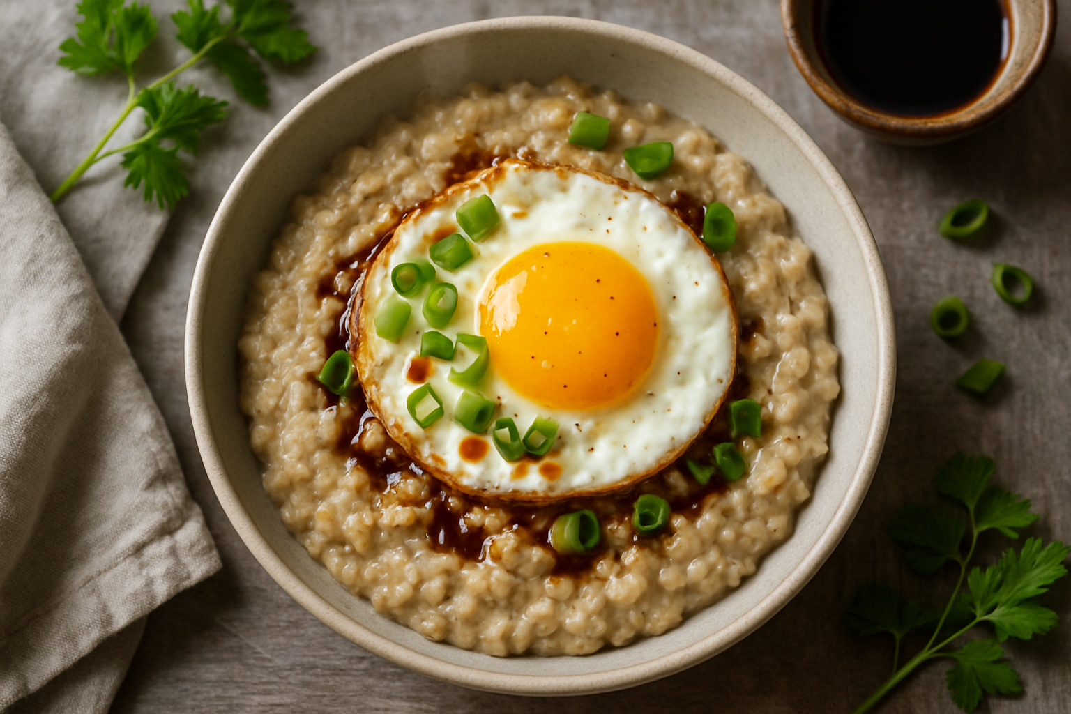 Savory Oatmeal With Fried Egg And Soy Sauce